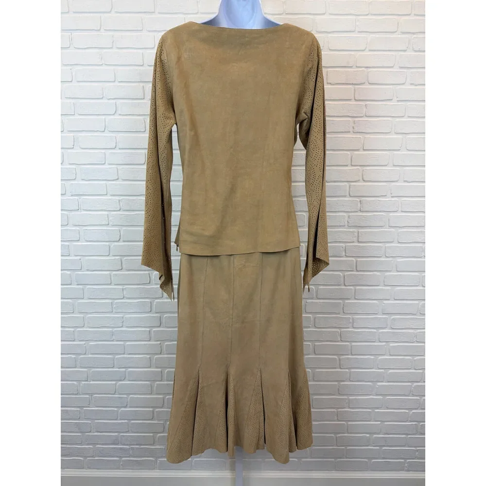 Vintage Chester Suede Set Tan Perforated Western Top & Flared Skirt M/S